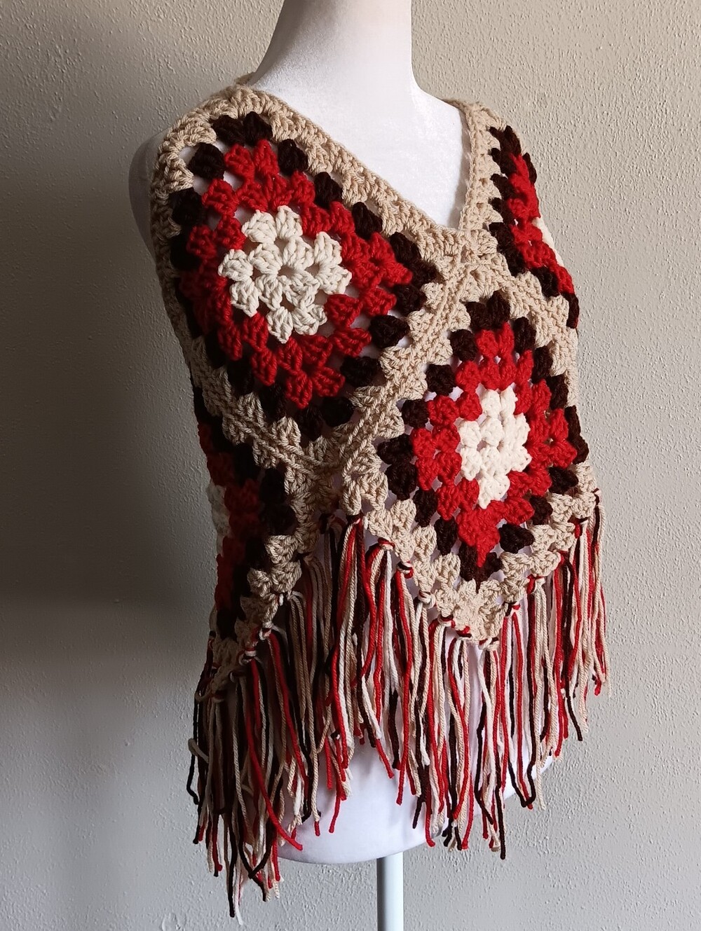 Handmade Boho Crochet Fringe Tie On Festival Top Beige & Red Granny Square